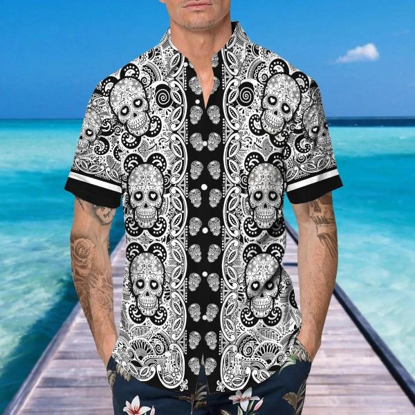 Black Pattern Color Skull Hawaiian Shirt