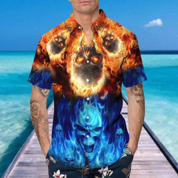 Blue Fire Skull Hawaiian Shirt