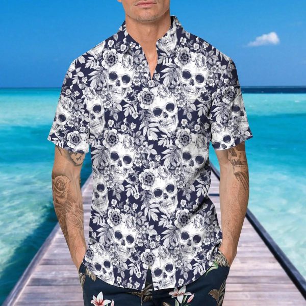 Blue Floral Skull Hawaiian Shirt