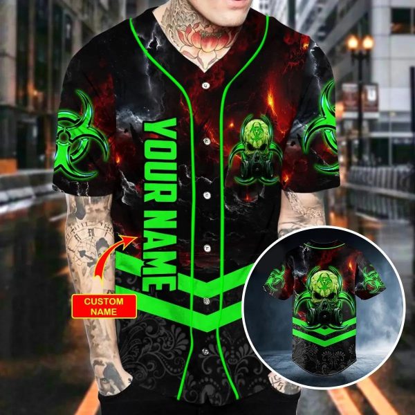 Green Biohazard Skull Custom Baseball Jersey