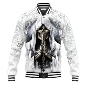 Grim Reaper Prayers To Santa Muerte Skull Baseball Jacket 1