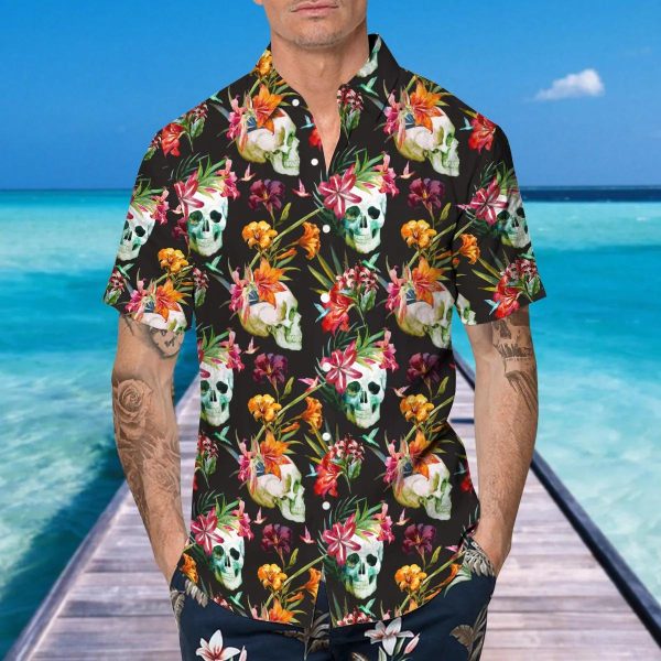 Orange Floral Skull Hawaiian Shirt