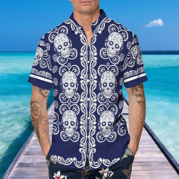 Pattern Navy Color Skull Hawaiian Shirt