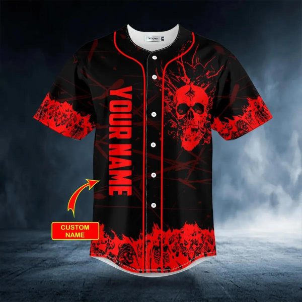 Red Stream Flame Skull Custom Baseball Jersey