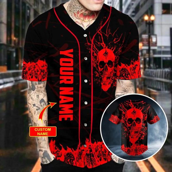 Red Stream Flame Skull Custom Baseball Jersey