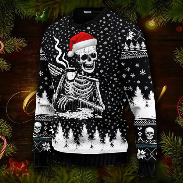 Skull Drinking Hot Coffee Ugly Christmas Sweater, Funny Skull Xmas Sweater, Skull Ugly Sweater