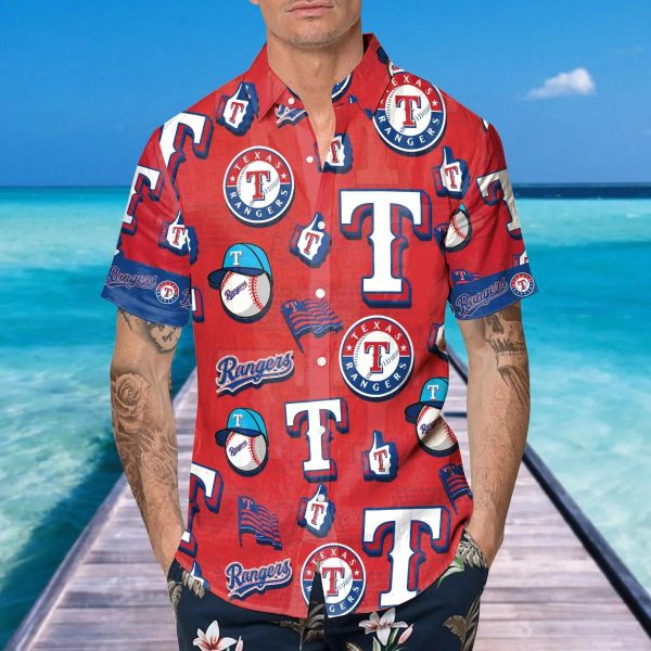 Pattern Logo Texas Rangers Hawaiian Shirt, MLB Hawaiian Shirt