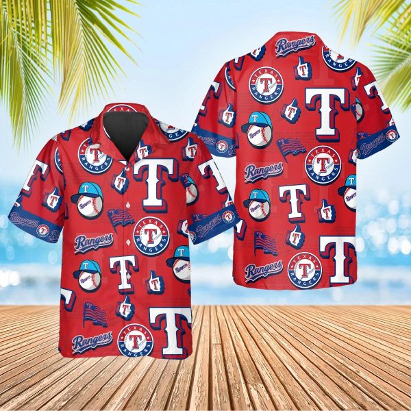 Pattern Logo Texas Rangers Hawaiian Shirt, MLB Hawaiian Shirt