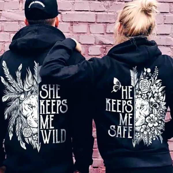 She Keeps Me Wild He Keeps Me Safe Lion Matching Hoodies For Couple