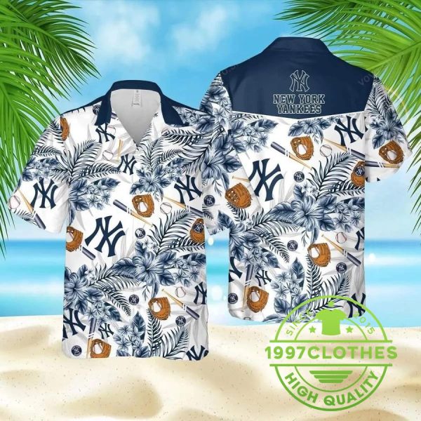 New York Yankees Hawaiian Shirt Tropical Flower Pattern Beach Gift For Friend, MLB Hawaiian Shirt