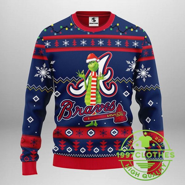 Atlanta Braves Funny Grinch Ugly Christmas Sweater, Atlanta Braves Ugly Sweater, MLB Christmas Sweater