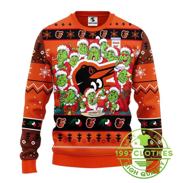 Baltimore Orioles 12 Grinch Xmas Day Ugly Christmas Sweater, Baltimore Orioles Ugly Sweater, MLB Christmas Sweater