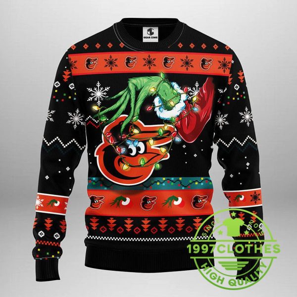 Baltimore Orioles Grinch Ugly Christmas Sweater, Baltimore Orioles Ugly Sweater, MLB Christmas Sweater