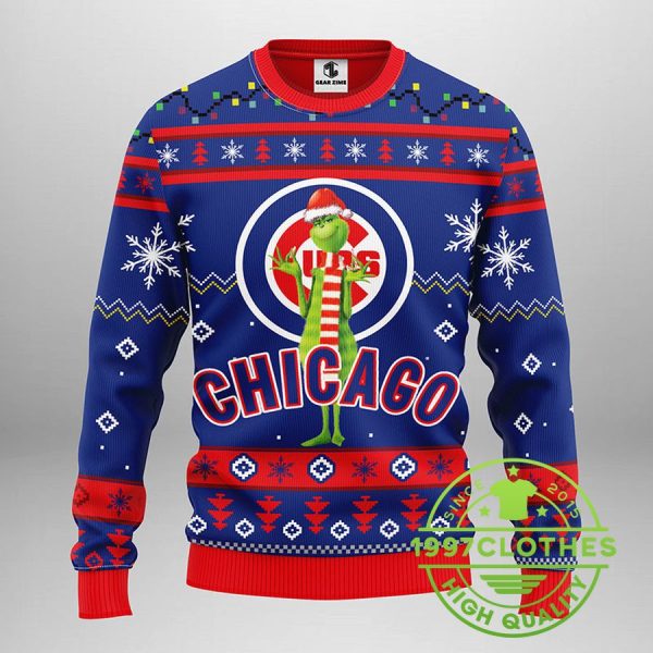 Chicago Cubs Funny Grinch Ugly Christmas Sweater, Chicago Cubs Ugly Sweater, MLB Christmas Sweater