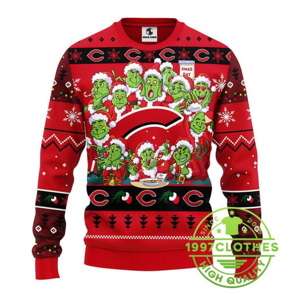 Cincinnati Reds 12 Grinch Xmas Day Ugly Christmas Sweater, Cincinnati Reds Ugly Sweater, MLB Christmas Sweater