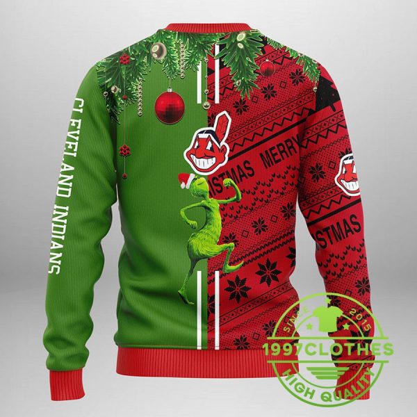 Cleveland Indians Grinch & Scooby-doo Ugly Christmas Sweater, Cleveland Indians Ugly Sweater, MLB Christmas Sweater