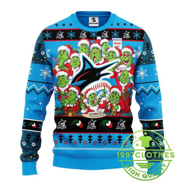 Miami Marlins 12 Grinch Xmas Day Ugly Christmas Sweater, Miami Marlins Ugly Sweater, MLB Christmas Sweater