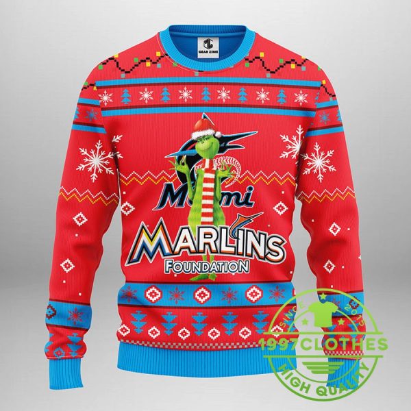 Miami Marlins Funny Grinch Ugly Christmas Sweater, Miami Marlins Ugly Sweater, MLB Christmas Sweater