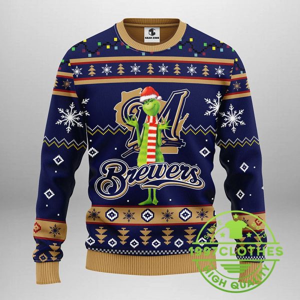 Milwaukee Brewers Funny Grinch Ugly Christmas Sweater, Milwaukee Brewers Ugly Sweater, MLB Christmas Sweater