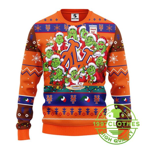 New York Mets 12 Grinch Xmas Day Ugly Christmas Sweater, New York Mets Ugly Sweater, MLB Christmas Sweater