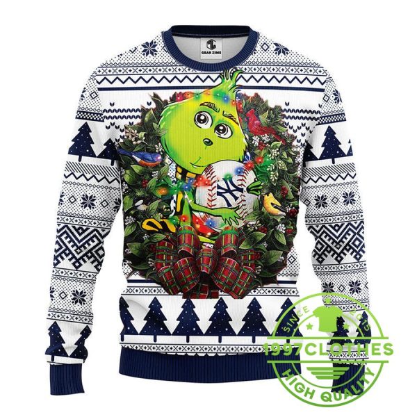 New York Yankees Grinch Hug Ugly Christmas Sweater, New York Yankees Ugly Sweater, MLB Christmas Sweater