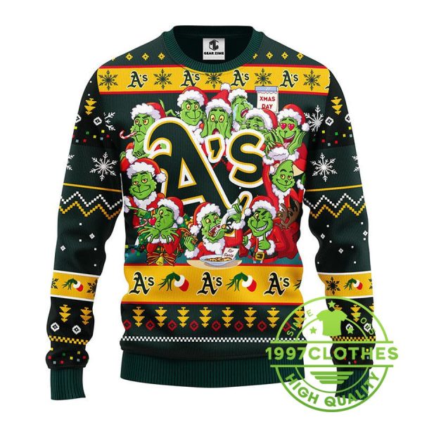 Oakland Athletics 12 Grinch Xmas Day Ugly Christmas Sweater, Oakland Athletics Ugly Sweater, MLB Christmas Sweater