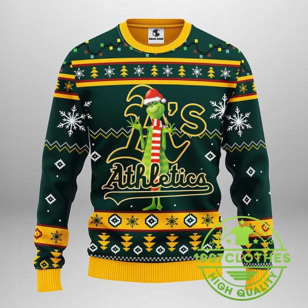 Oakland Athletics Funny Grinch Ugly Christmas Sweater, Oakland Athletics Ugly Sweater, MLB Christmas Sweater