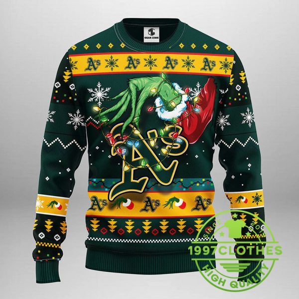 Oakland Athletics Grinch Ugly Christmas Sweater, Oakland Athletics Ugly Sweater, MLB Christmas Sweater