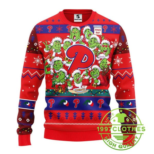 Philadelphia Phillies 12 Grinch Xmas Day Ugly Christmas Sweater, Philadelphia Phillies Ugly Sweater, MLB Christmas Sweater