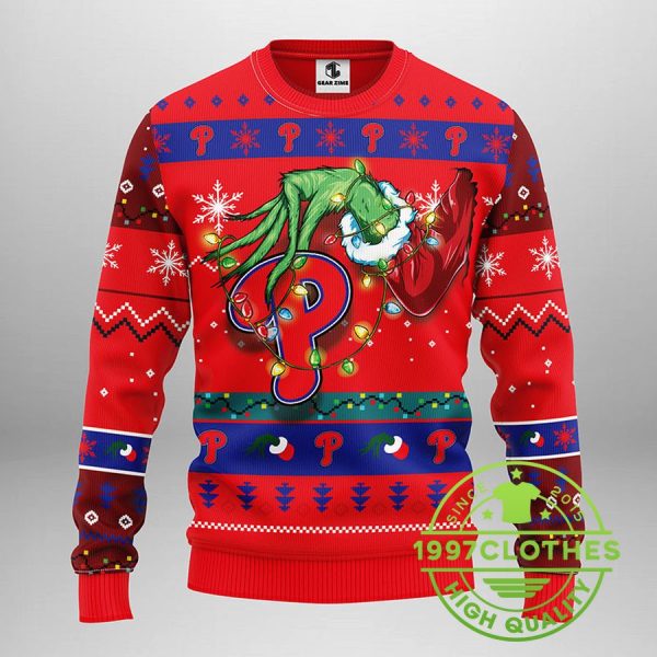 Philadelphia Phillies Grinch Ugly Christmas Sweater, Philadelphia Phillies Ugly Sweater, MLB Christmas Sweater