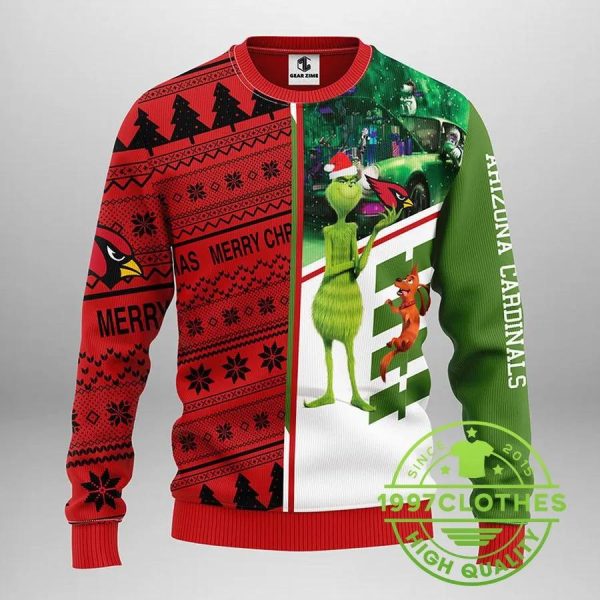 Arizona Cardinals Grinch & Scooby-Doo Ugly Christmas Sweater, Arizona Cardinals Ugly Sweater, NFL Ugly Sweater