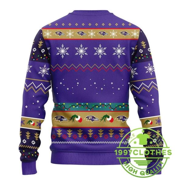 Baltimore Ravens 12 Grinch Xmas Day Ugly Christmas Sweater, Baltimore Ravens Ugly Sweater, NFL Ugly Sweater