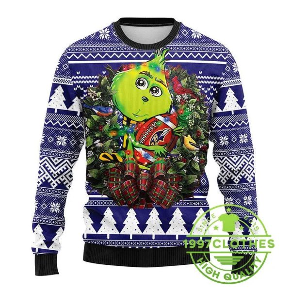 Baltimore Ravens Grinch Hug Ugly Christmas Sweater, Baltimore Ravens Ugly Sweater, NFL Ugly Sweater