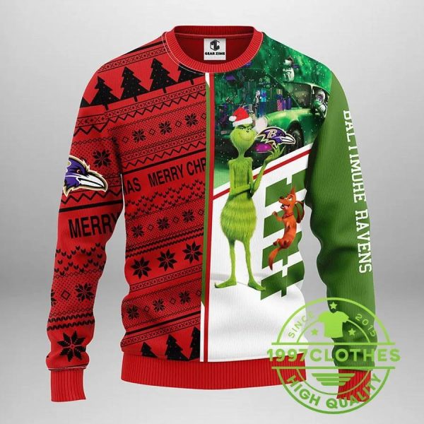 Baltimore Ravens Grinch & Scooby-Doo Ugly Christmas Sweater, Baltimore Ravens Ugly Sweater, NFL Ugly Sweater