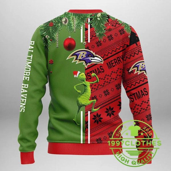 Baltimore Ravens Grinch & Scooby-Doo Ugly Christmas Sweater, Baltimore Ravens Ugly Sweater, NFL Ugly Sweater