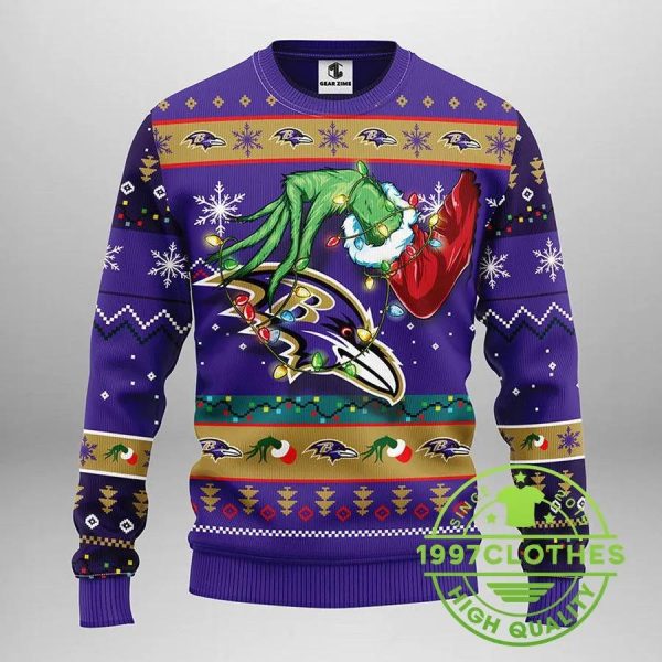 Baltimore Ravens Grinch Ugly Christmas Sweater, Baltimore Ravens Ugly Sweater, NFL Ugly Sweater