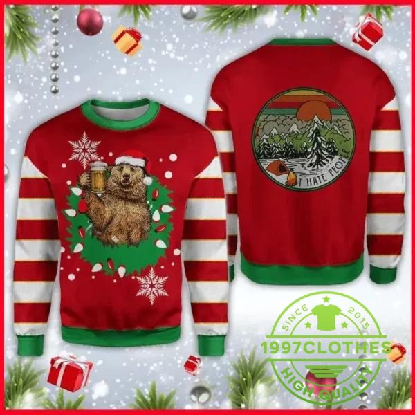 Bear Beer I Hate People Camping Ugly Christmas Sweater, Beer Ugly Sweater