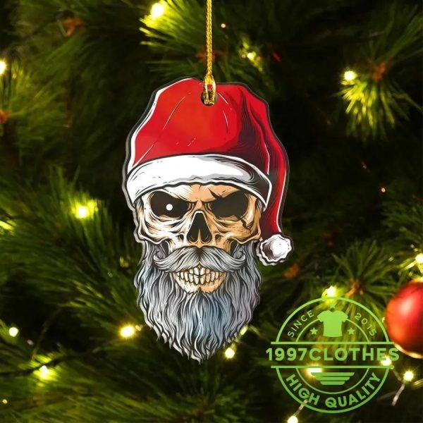 Bearded Skull in Santa Claus Hat Christmas Ornament, Skull Christmas Decorations