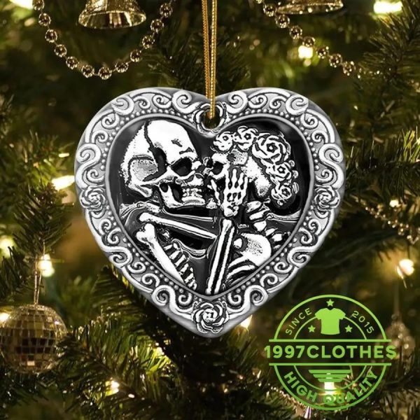 Beauty Skull Couple Anniversary Skull Heart Ornament, Skull Christmas Decorations