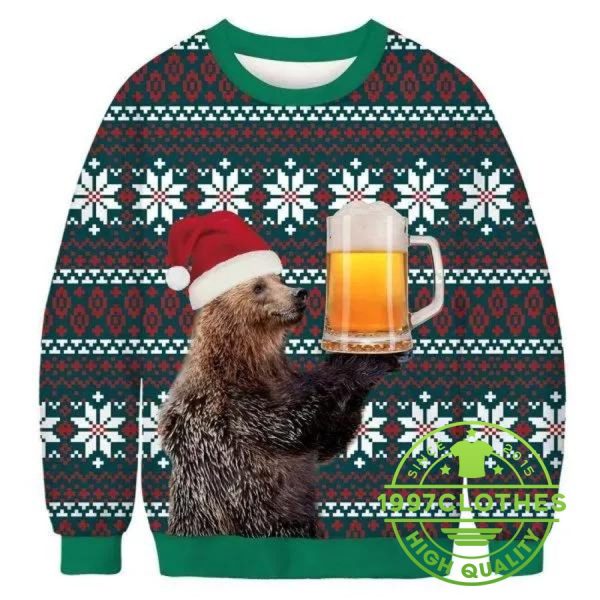 Beer And Bear Ugly Christmas Sweater, Beer Ugly Sweater