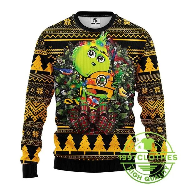 Boston Bruins Grinch Hug Ugly Christmas Sweater, Boston Bruins Ugly Sweater, NHL Ugly Sweater