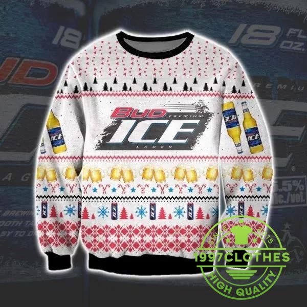 Bud Ice Lager Beer Knitting Pattern Ugly Christmas Sweater, Beer Ugly Sweater