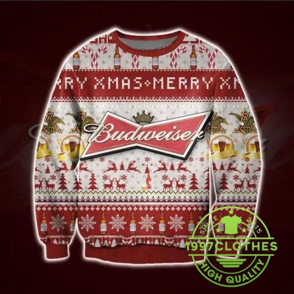 Budweiser Beer Ugly Christmas Sweater, Red Budweiser Sweater, Beer Ugly Sweater