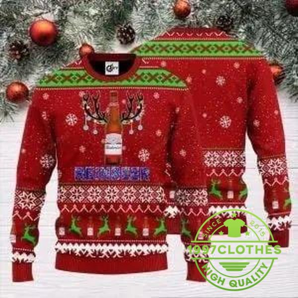 Budweiser Reinbeer Christmas Ugly Christmas Sweater, Red Budweiser Sweater, Beer Ugly Sweater