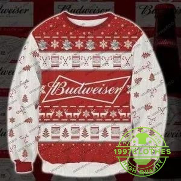 Budweiser Ugly Christmas Sweater, Red Budweiser Sweater, Beer Ugly Sweater