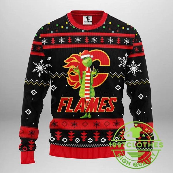 Calgary Flames Funny Grinch Ugly Christmas Sweater, Calgary Flames Ugly Sweater, NHL Ugly Sweater