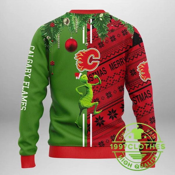 Calgary Flames Grinch & Scooby-doo Ugly Christmas Sweater, Calgary Flames Ugly Sweater, NHL Ugly Sweater