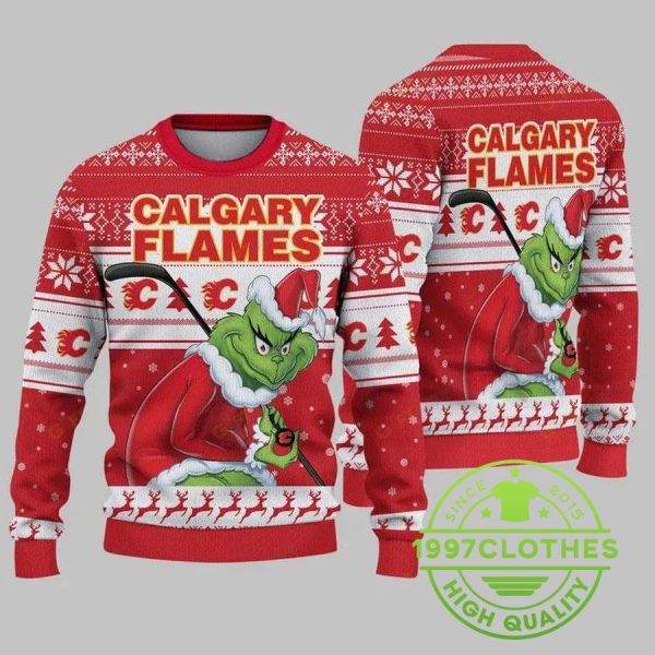 Calgary Flames Grinch Stolen Christmas Ugly Sweater, Calgary Flames Ugly Sweater, NHL Ugly Sweater