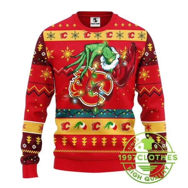 Calgary Flames Grinch Ugly Christmas Sweater, Calgary Flames Ugly Sweater, NHL Ugly Sweater