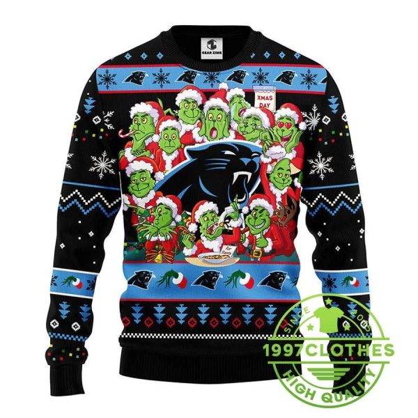 Carolina Panthers 12 Grinch Xmas Day Ugly Christmas Sweater, Carolina Panthers Ugly Sweater, NFL Ugly Sweater